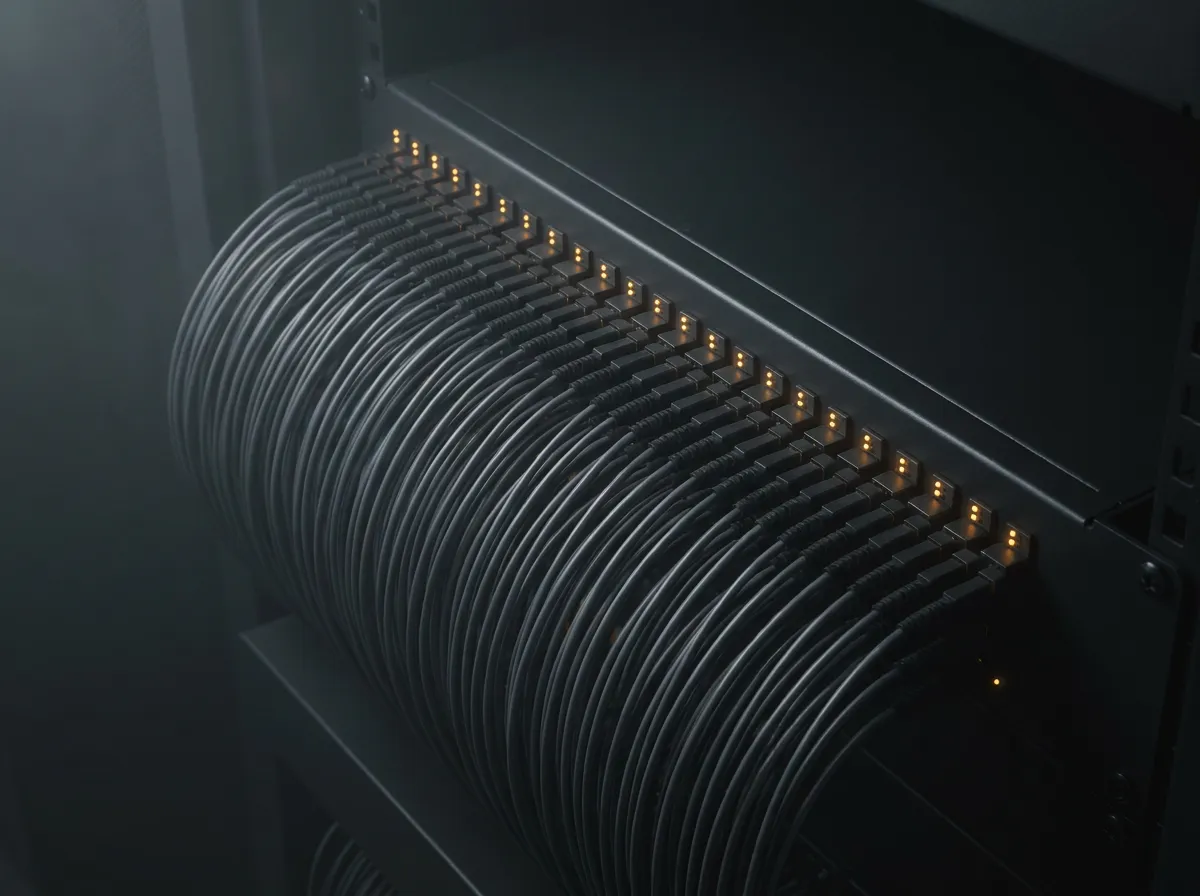 Black fibre-optic patch cables arcing across a dark patch panel, each port lit by a small amber indicator.