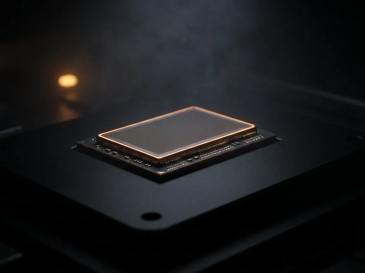 A bare silicon chip on matte black anodised aluminium, its edge catching a thin rim of amber light.